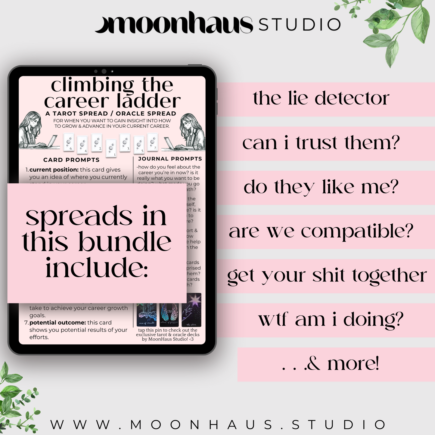tarot spreads pdf: love, career, relationships, with tarot journal prompts for tarot readings. digital printable, book of shadows, grimoire.