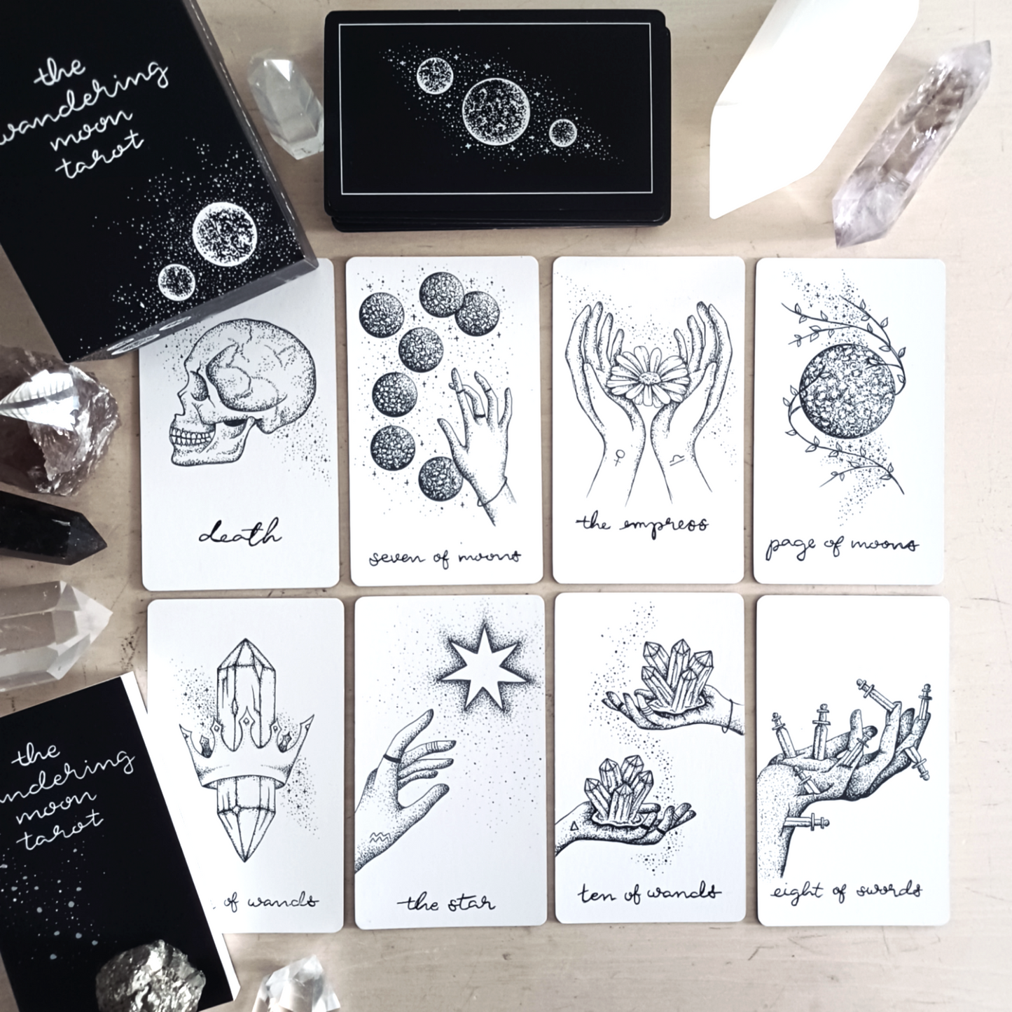 the wandering moon tarot deck authentic | indie tarot card deck | hand illustrated with guidebook