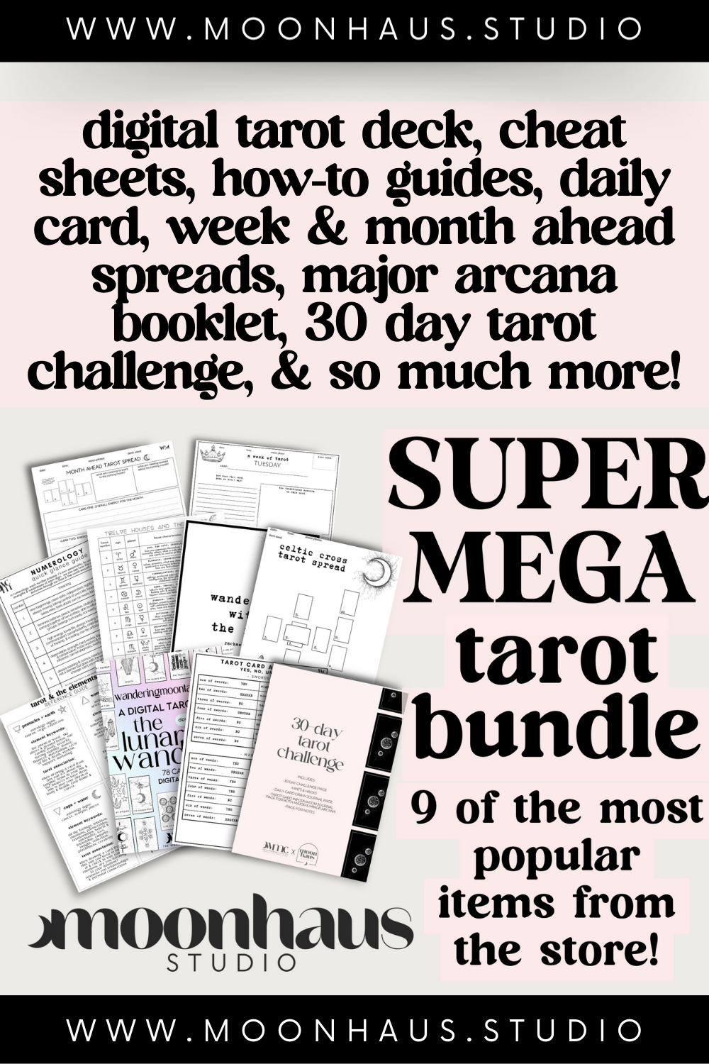 mega tarot bundle set - tarot cheat sheets, tarot readings, workbooks, journals, tarot spreads, digital tarot decks