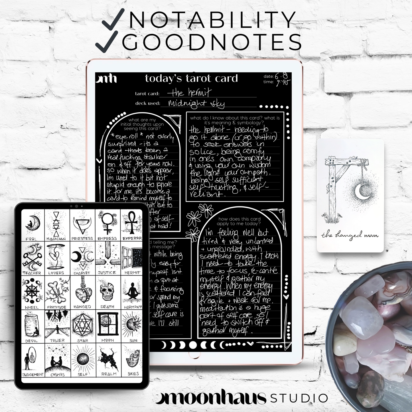 digital tarot journal page for daily card PDF: use with Notability, Goodnotes. White ink, chalkboard-like page