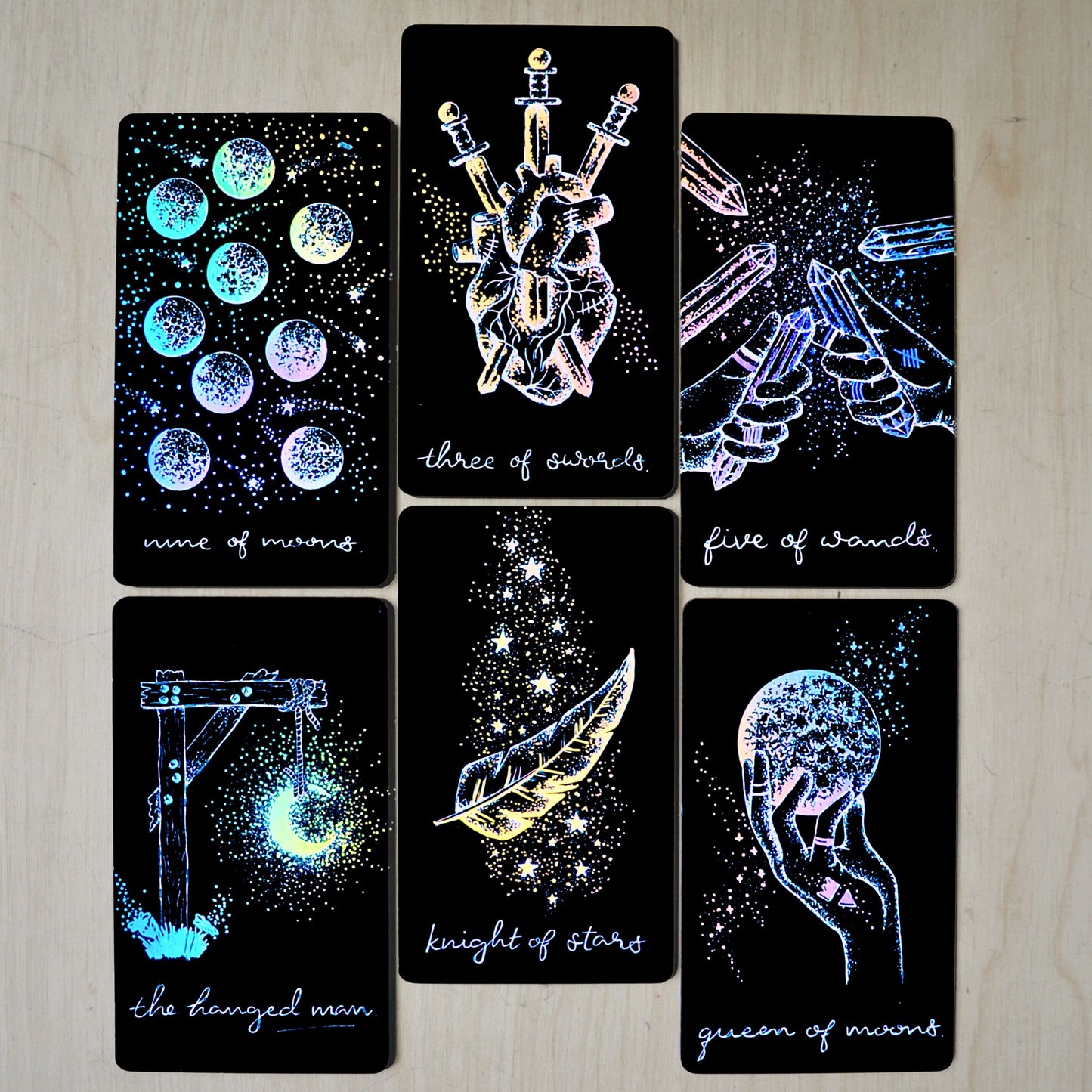 tarot cards deck, aesthetic: black tarot card art with holographic details & guidebook, indie tarot deck Midnight Sky Special Edition