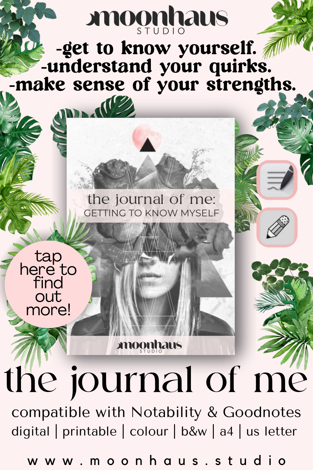 the journal of me: insight, self-discovery, self-understanding aesthetic journal & colouring pages, 35 pages