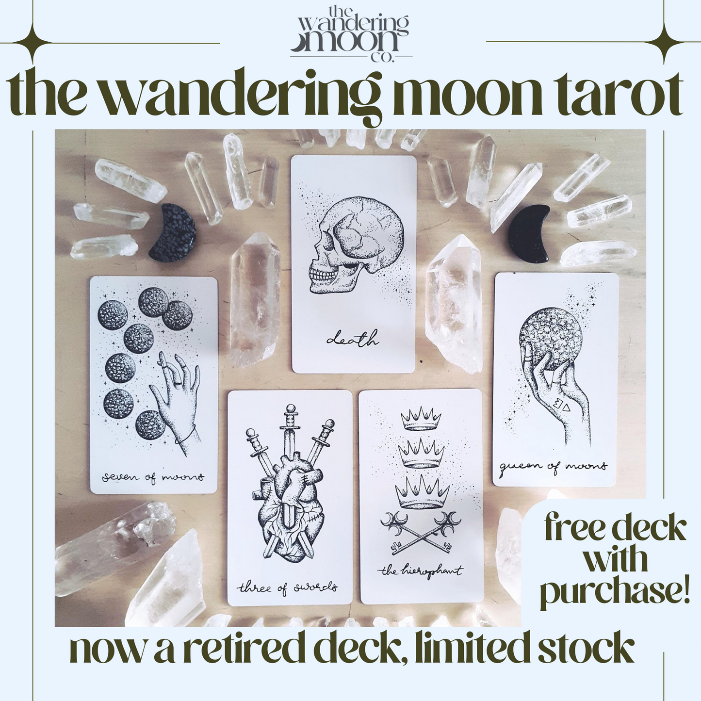 the wandering moon tarot deck authentic | indie tarot card deck | hand illustrated with guidebook | comes with free tarot deck