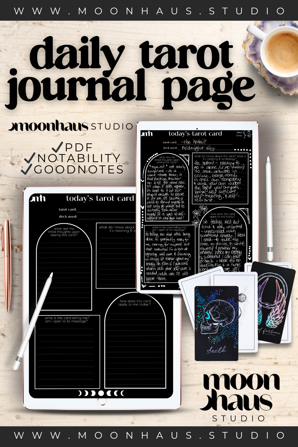 digital tarot journal page for daily card PDF: use with Notability, Goodnotes. White ink, chalkboard-like page