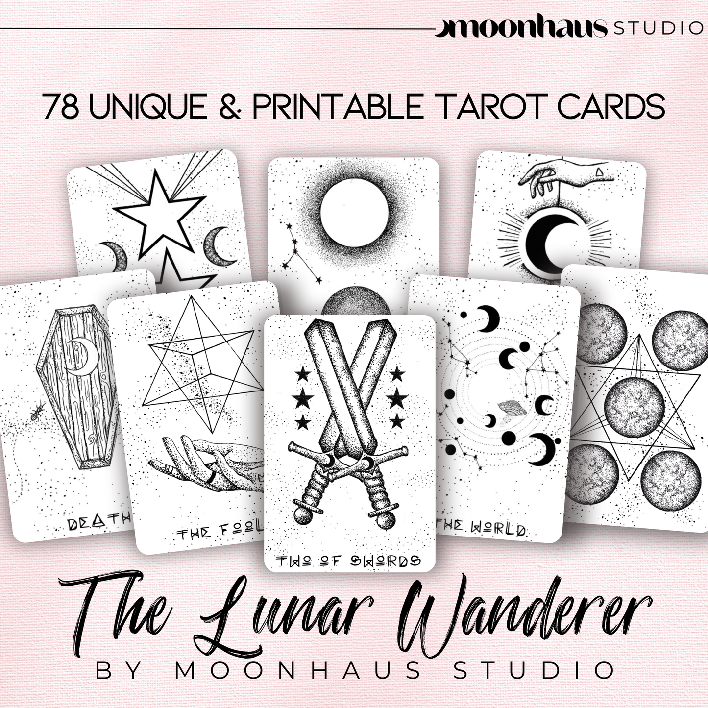 printable tarot deck: full deck of 78 tarot cards, aesthetic, journaling, unique designs