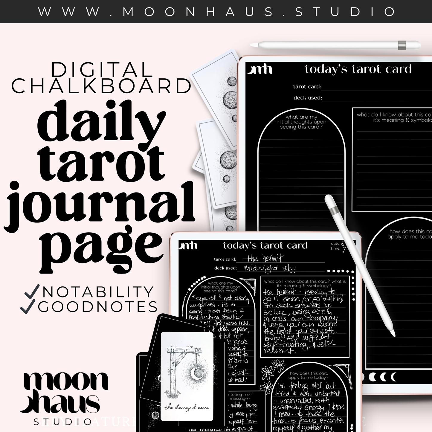 digital tarot journal page for daily card PDF: use with Notability, Goodnotes. White ink, chalkboard-like page