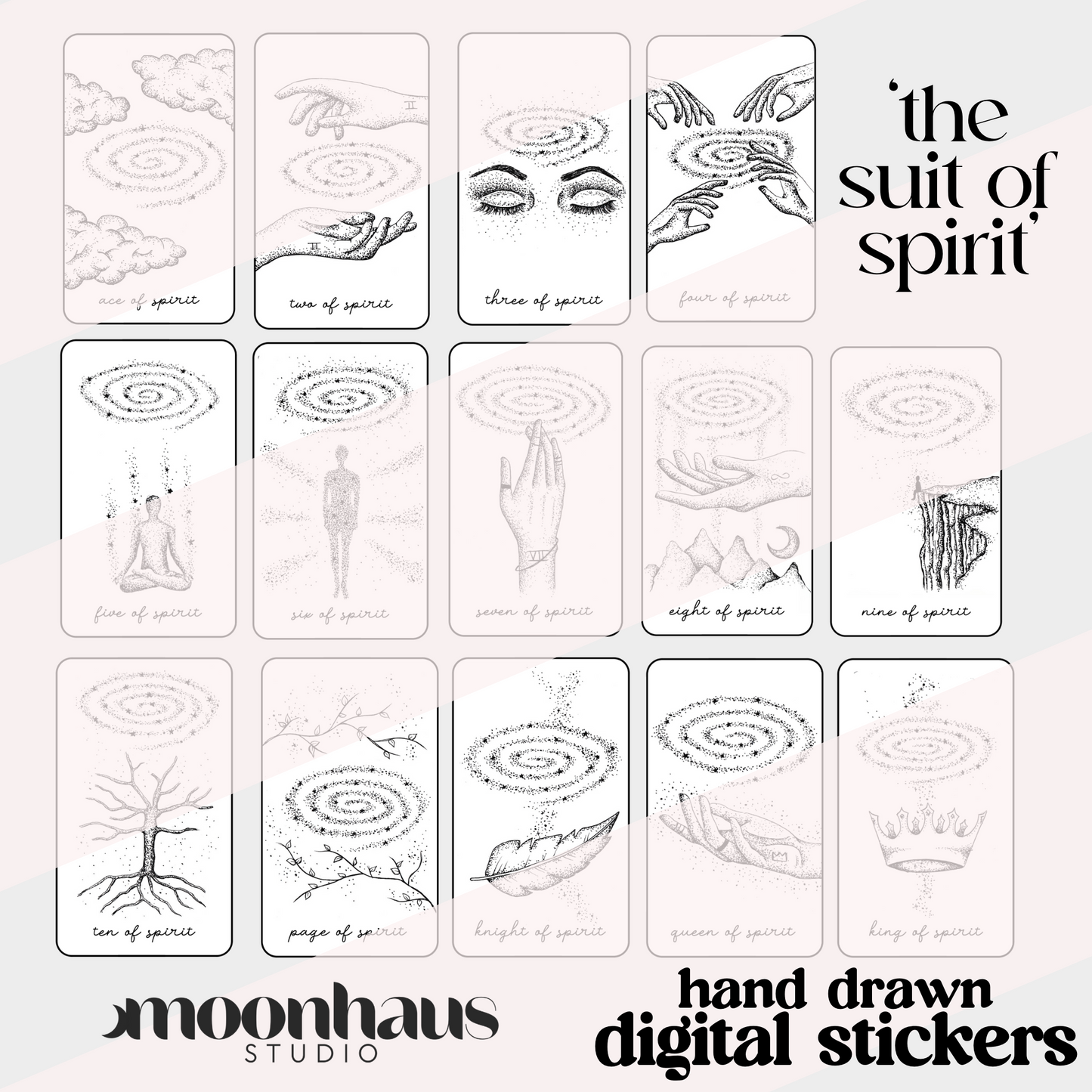 tarot card digital stickers - 14 tarot card designs, hand drawn png