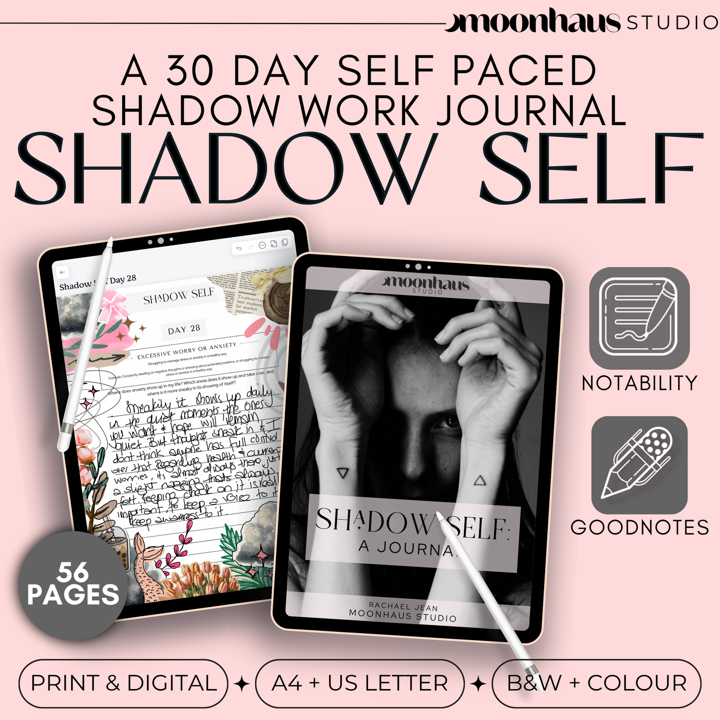 shadow work guided journal, printable and digital, instant download, Shadow Self, self paced journal