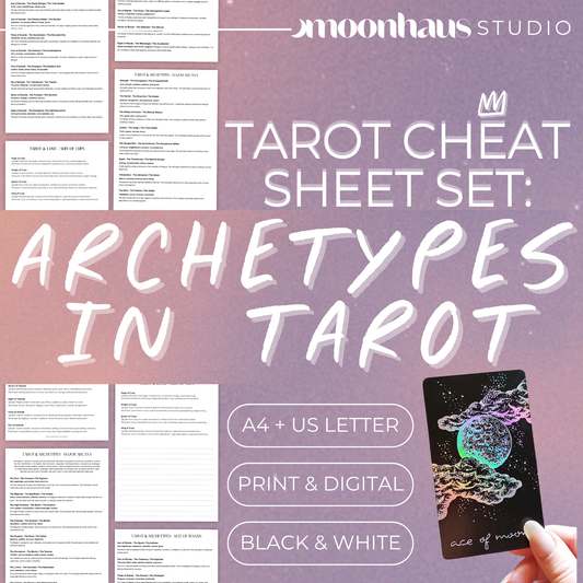 tarot cheat sheet: archetypes in tarot, book of shadows | carl jung, mindfulness, journal prompts | learn tarot beginner, shadow work