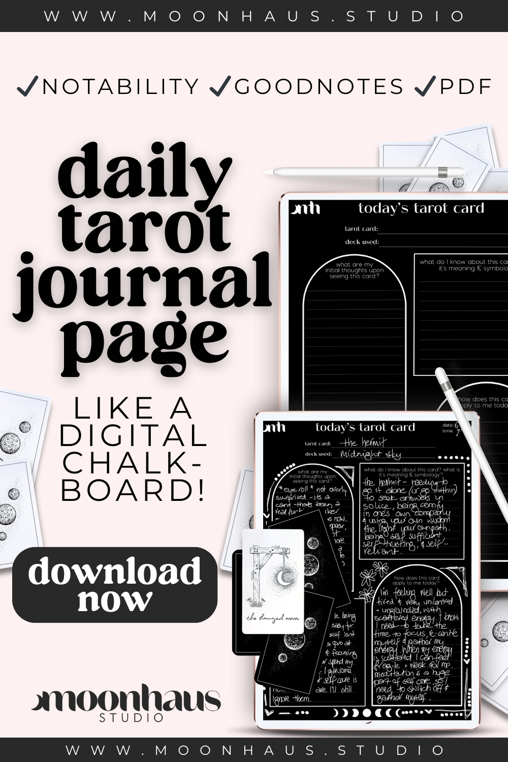 digital tarot journal page for daily card PDF: use with Notability, Goodnotes. White ink, chalkboard-like page