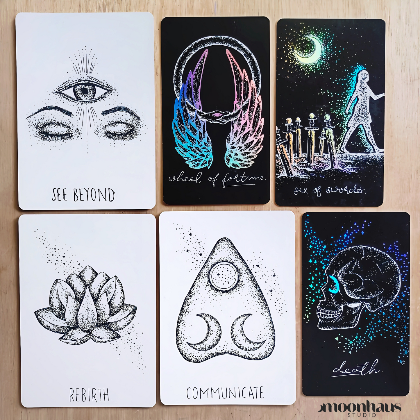 tarot card deck & oracle deck gift set: indie divination bundle | holographic, unique, white & black tarot & oracle decks