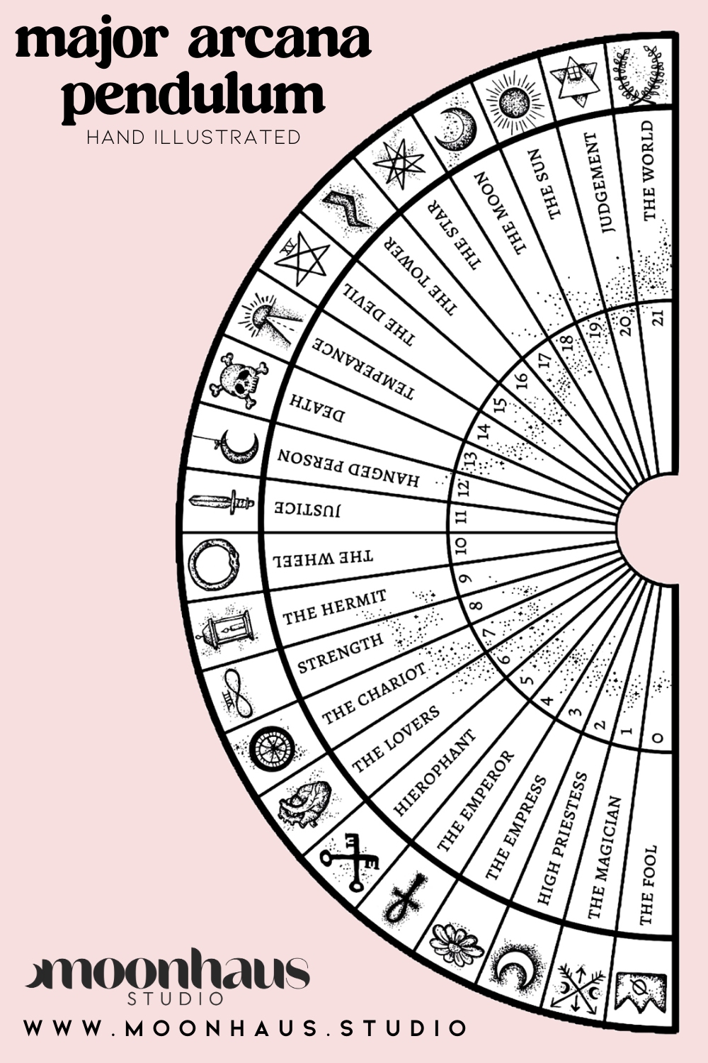 major arcana half circle pendulum board with hand drawn symbols – moon haus studio major-arcana-half-circle-pendulum-board-with-hand-drawn-symbols-moon-haus-studio