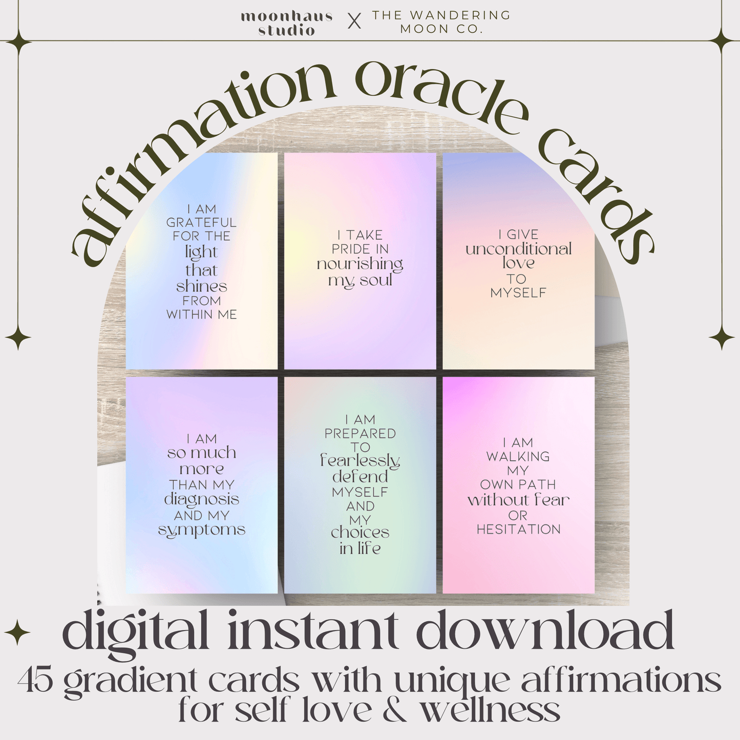 45 digital cards of affirmations, self love, self care, printable - The Wandering Moon Co.