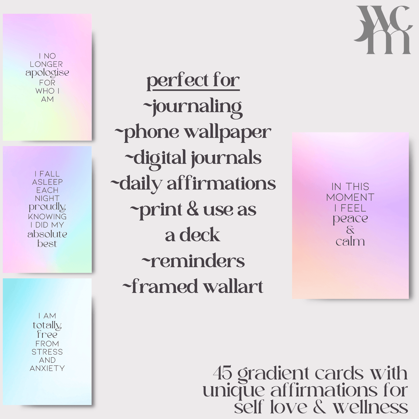 45 digital cards of affirmations, self love, self care, printable - The Wandering Moon Co.