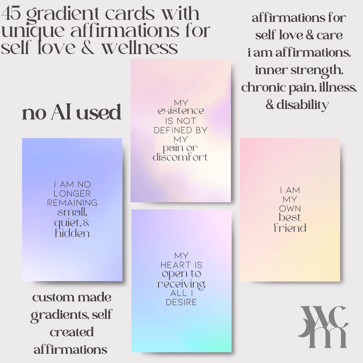 45 digital cards of affirmations, self love, self care, printable - The Wandering Moon Co.