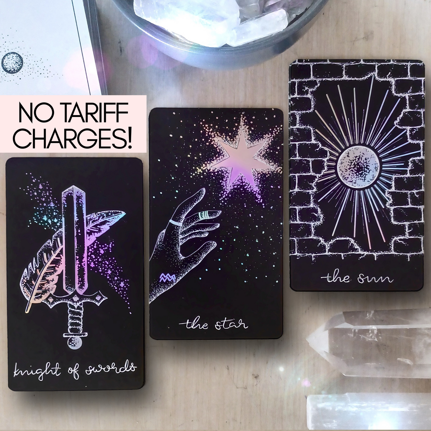 tarot cards deck, aesthetic: black tarot card art with holographic details & guidebook, indie tarot deck Midnight Sky Special Edition