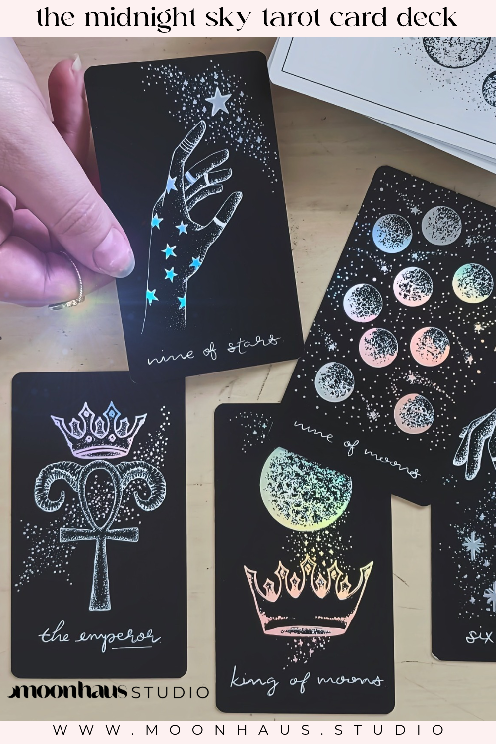 tarot cards deck, aesthetic: black tarot card art with holographic details & guidebook, indie tarot deck Midnight Sky Special Edition