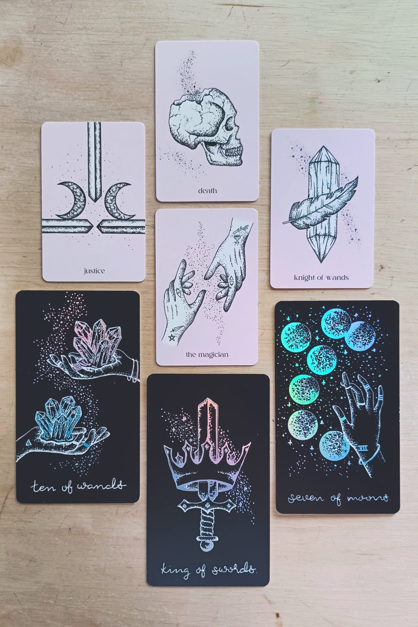 tarot cards deck, aesthetic: black tarot card art with holographic details & guidebook, indie tarot deck Midnight Sky Special Edition