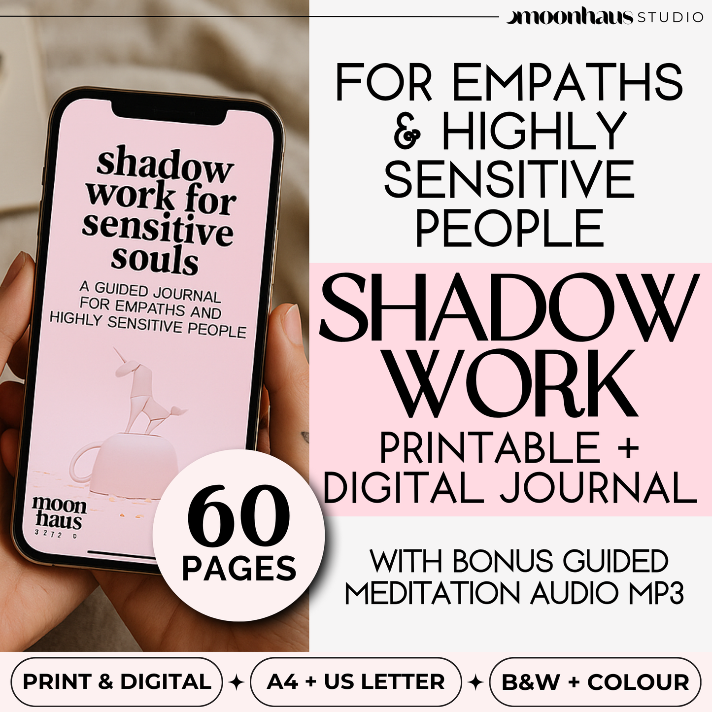 shadow work journal for empaths and highly sensitive people - guidebook, journal and workbook across 60 pages | printable digital PDF | for inner child work and trauma healing