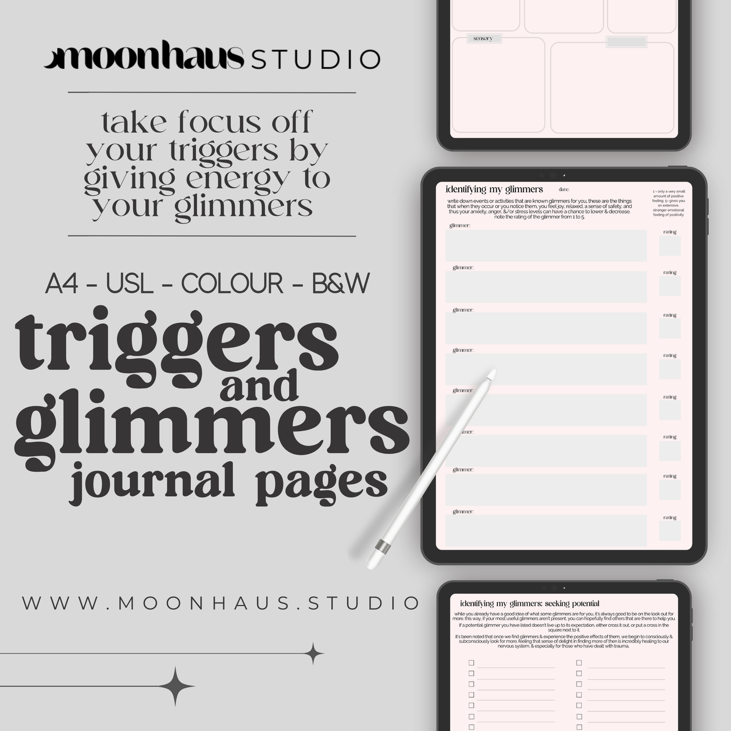 triggers and glimmers: journal pages pdf - mental health journaling