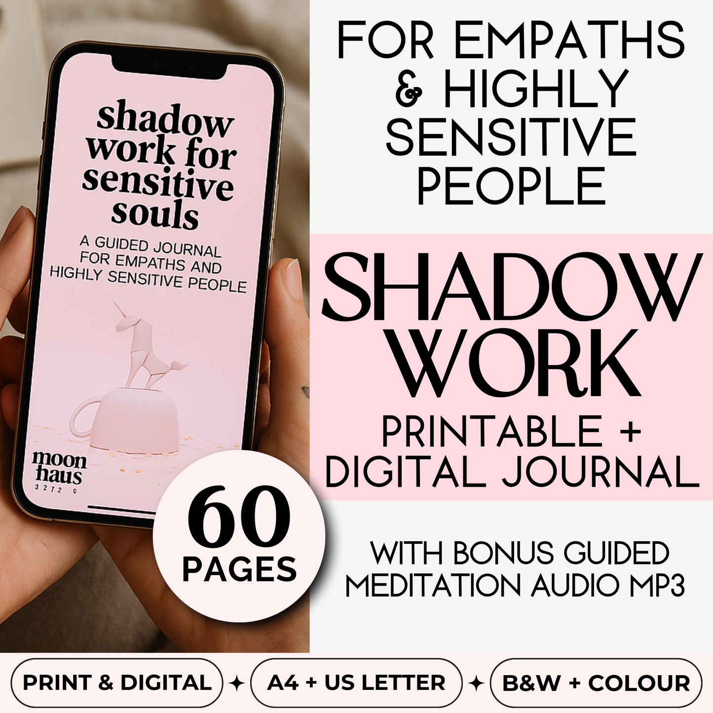 shadow work journal for empaths and highly sensitive people - guidebook, journal and workbook across 60 pages | printable digital PDF | for inner child work and trauma healing
