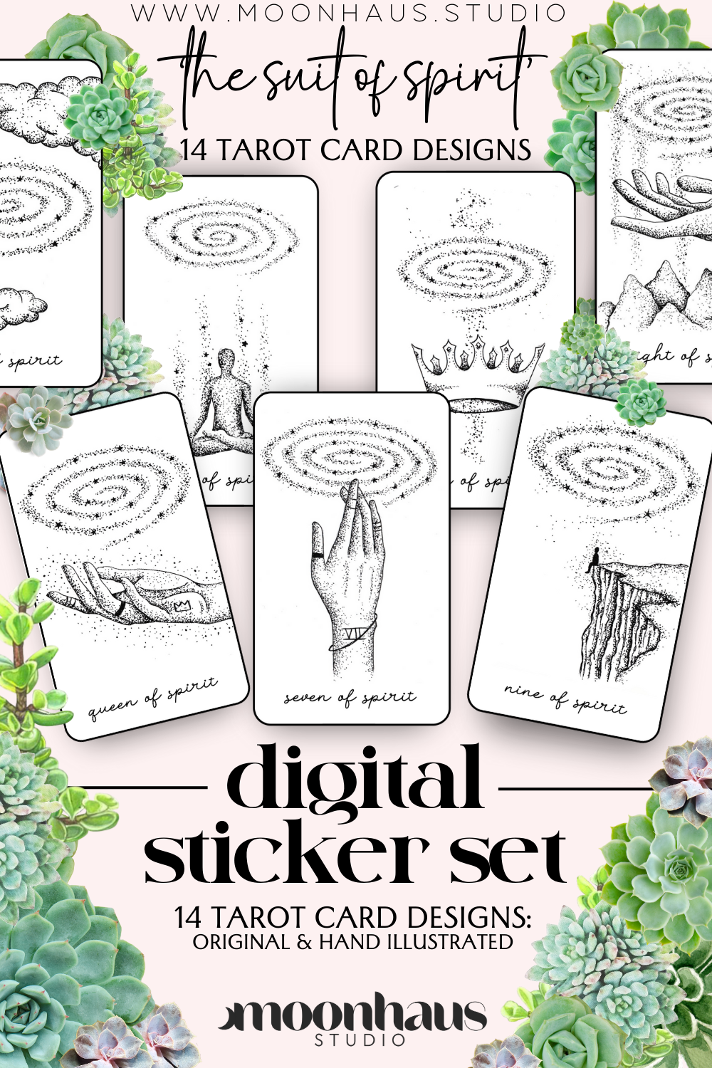 tarot card digital stickers - 14 tarot card designs, hand drawn png