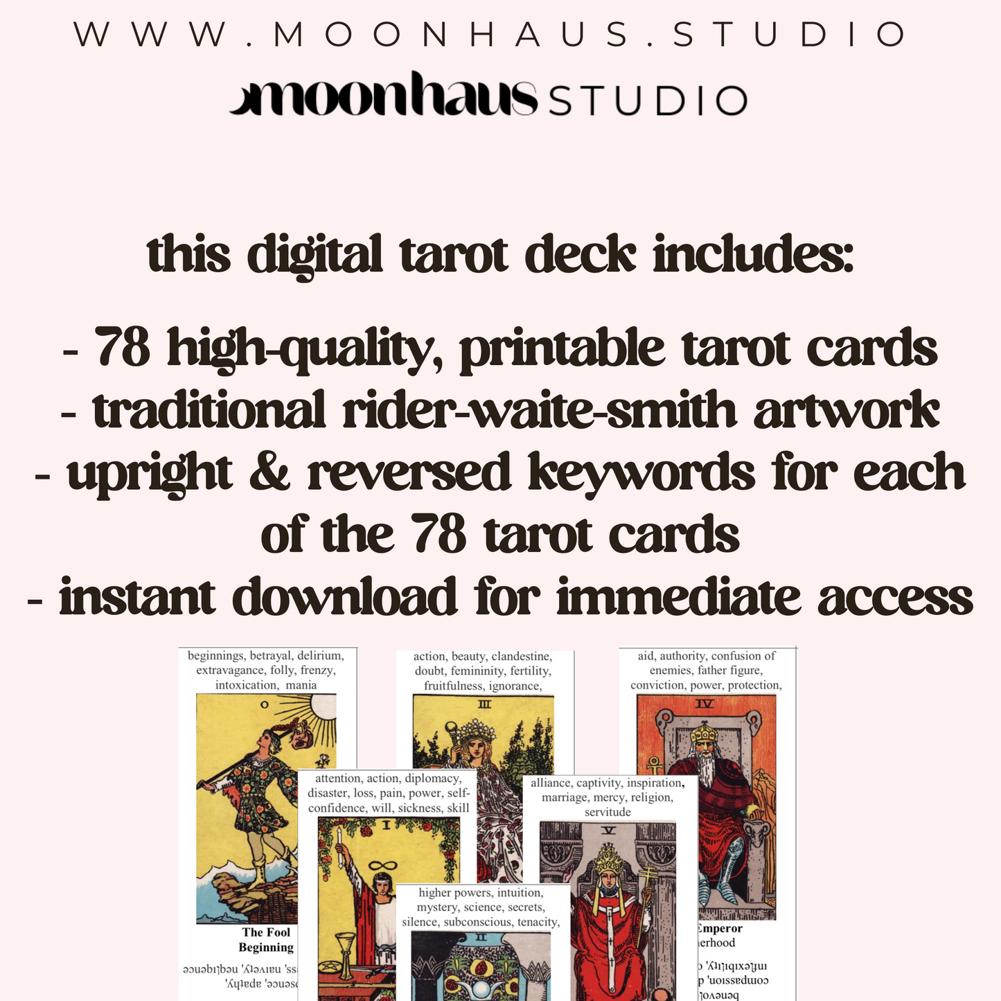 printable tarot deck RWS with keywords upright & reversed