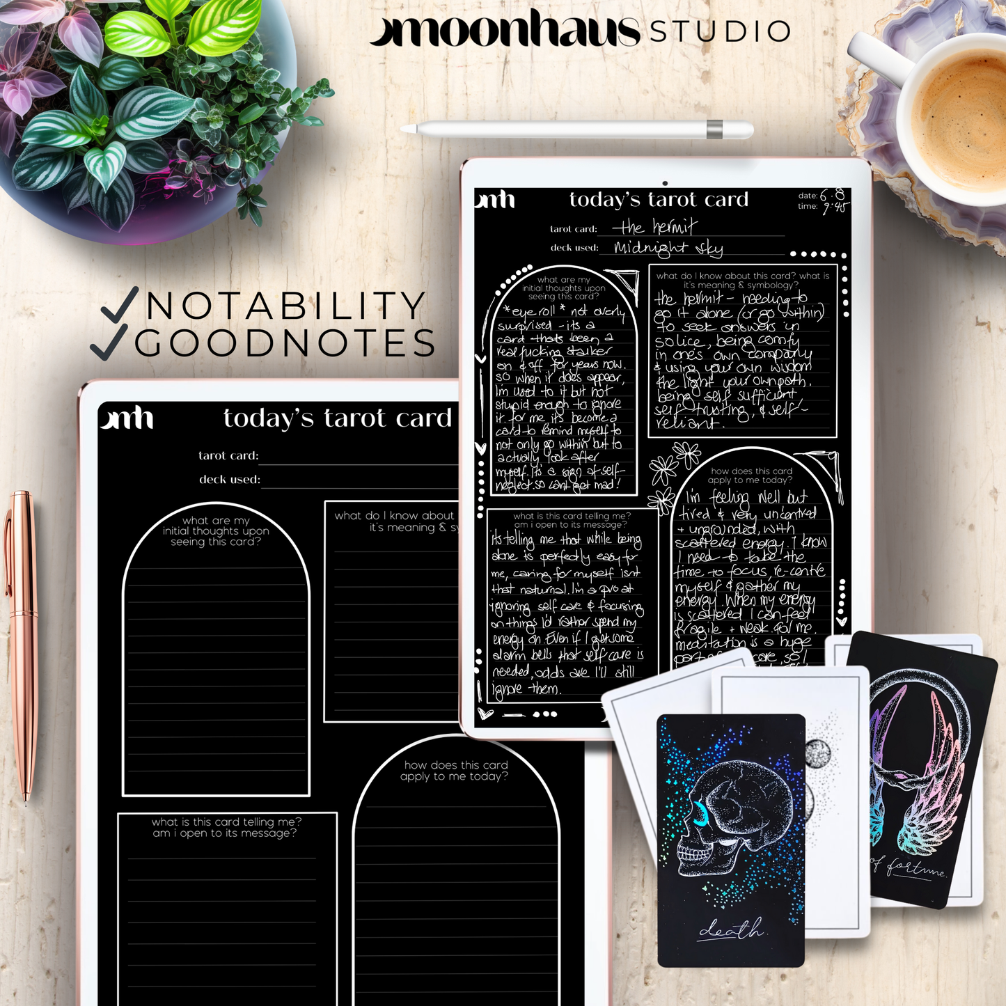 digital tarot journal page for daily card PDF: use with Notability, Goodnotes. White ink, chalkboard-like page