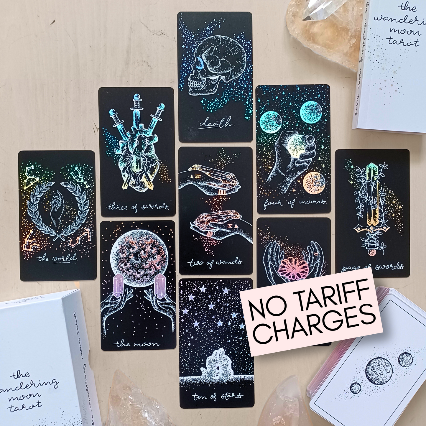 tarot cards deck, aesthetic: black tarot card art with holographic details & guidebook, indie tarot deck Midnight Sky Special Edition