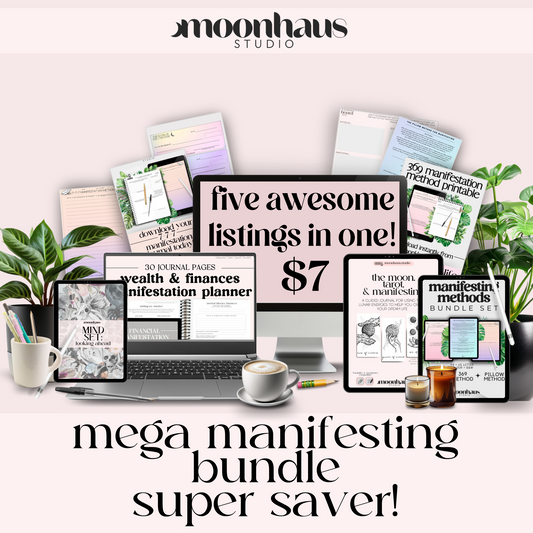 the seriously mega manifesting bundle super saver! manifesting journals, finances, manifesting checks, 369 method, 777 method, moon, tarot & manifesting,