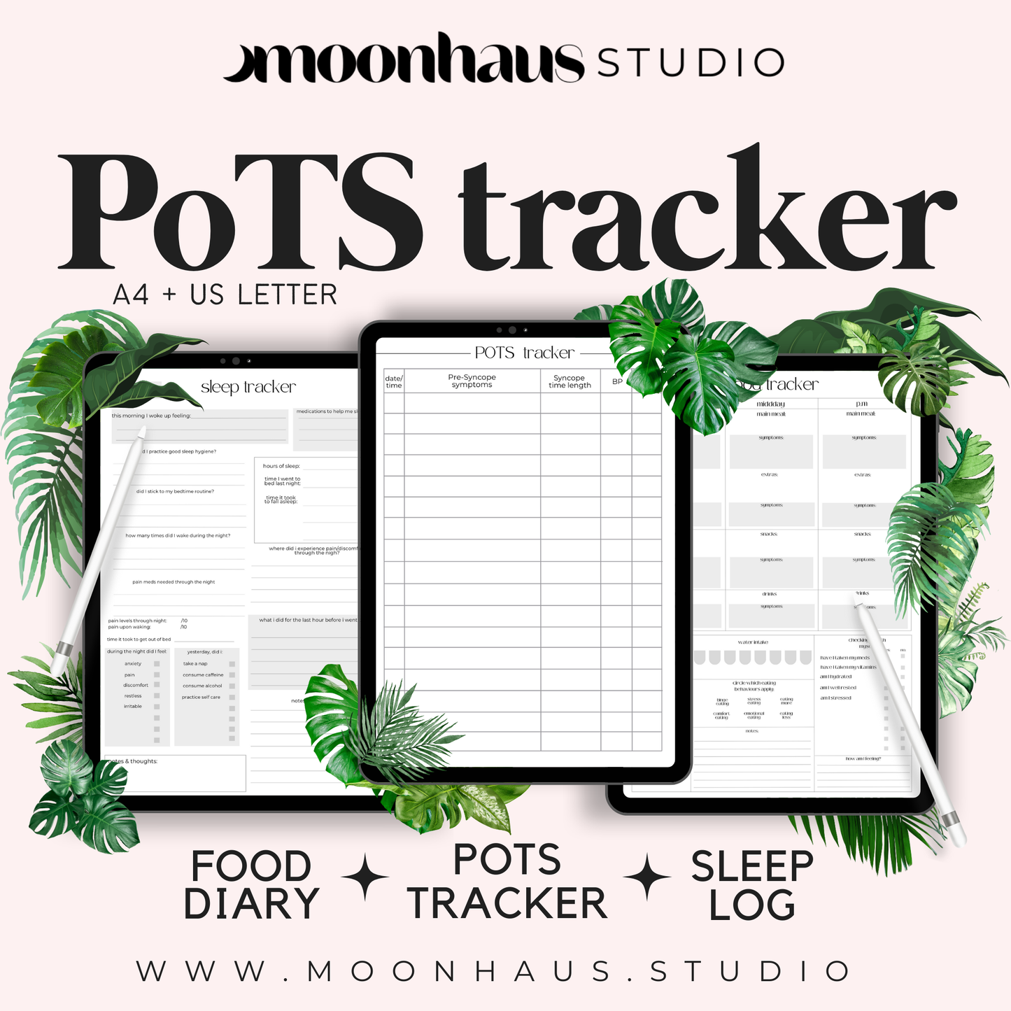 POTS symptom tracker with food tracker & sleep log | chronic pain and illness | hypotension BP HR | disability, medical tracker