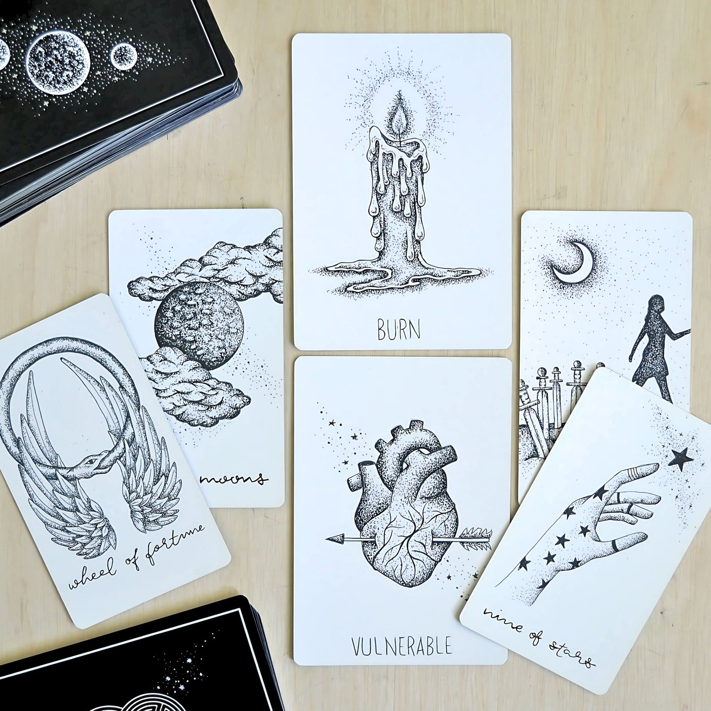 tarot card & oracle deck bundle, indie bundle set: holographic, unique aesthetic | black & white tarot & oracle cards