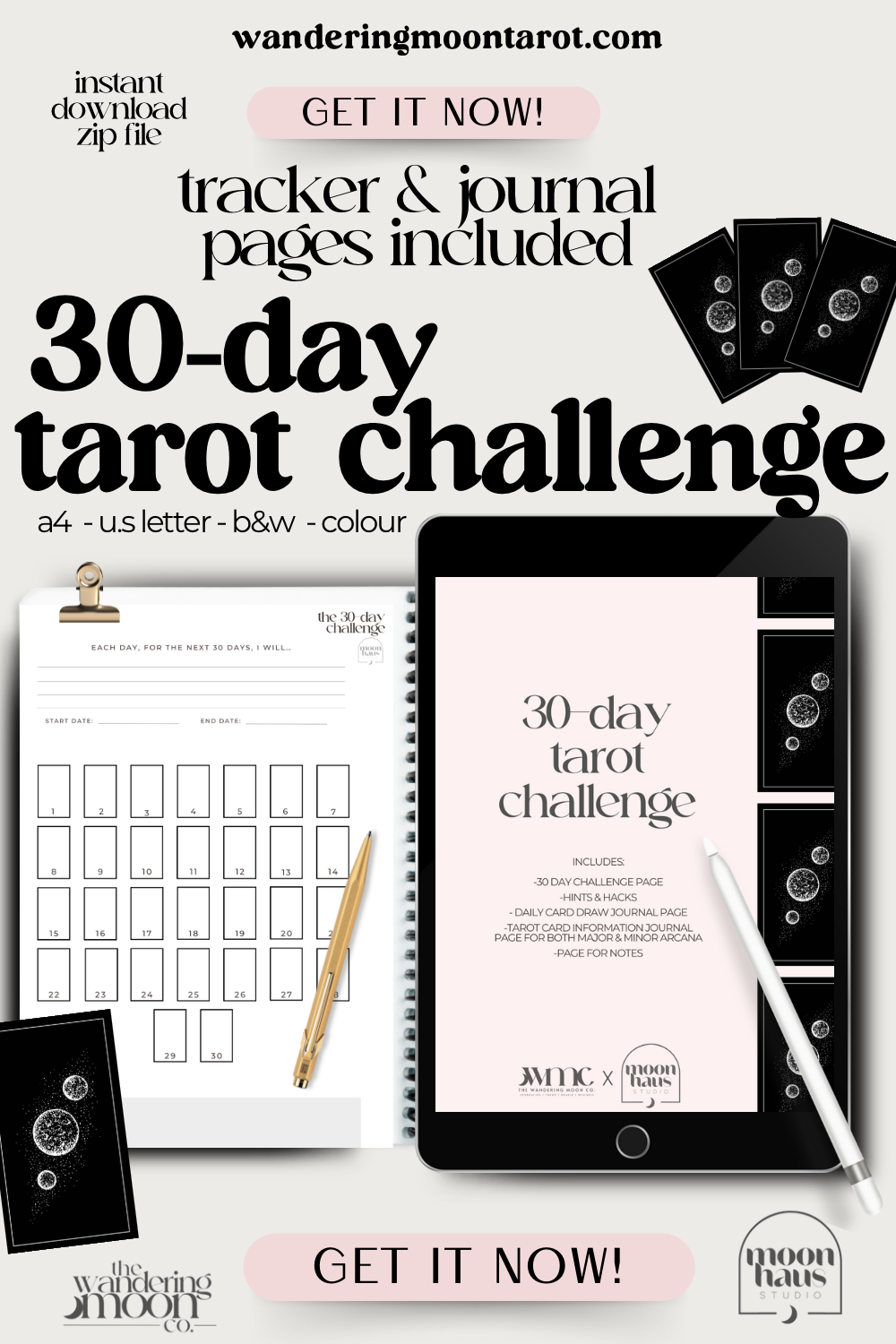 30-day tarot challenge, journal pages & trackers included