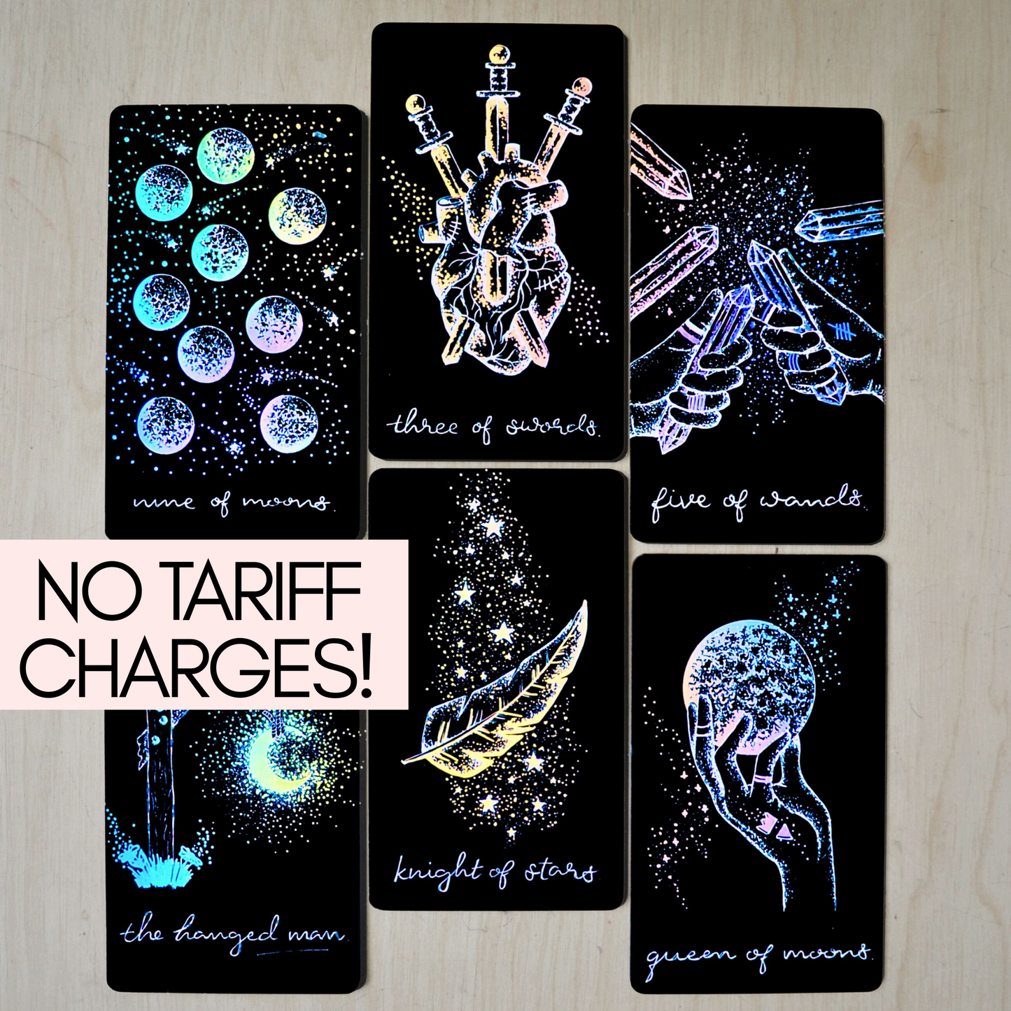 tarot cards deck, aesthetic: black tarot card art with holographic details & guidebook, indie tarot deck Midnight Sky Special Edition