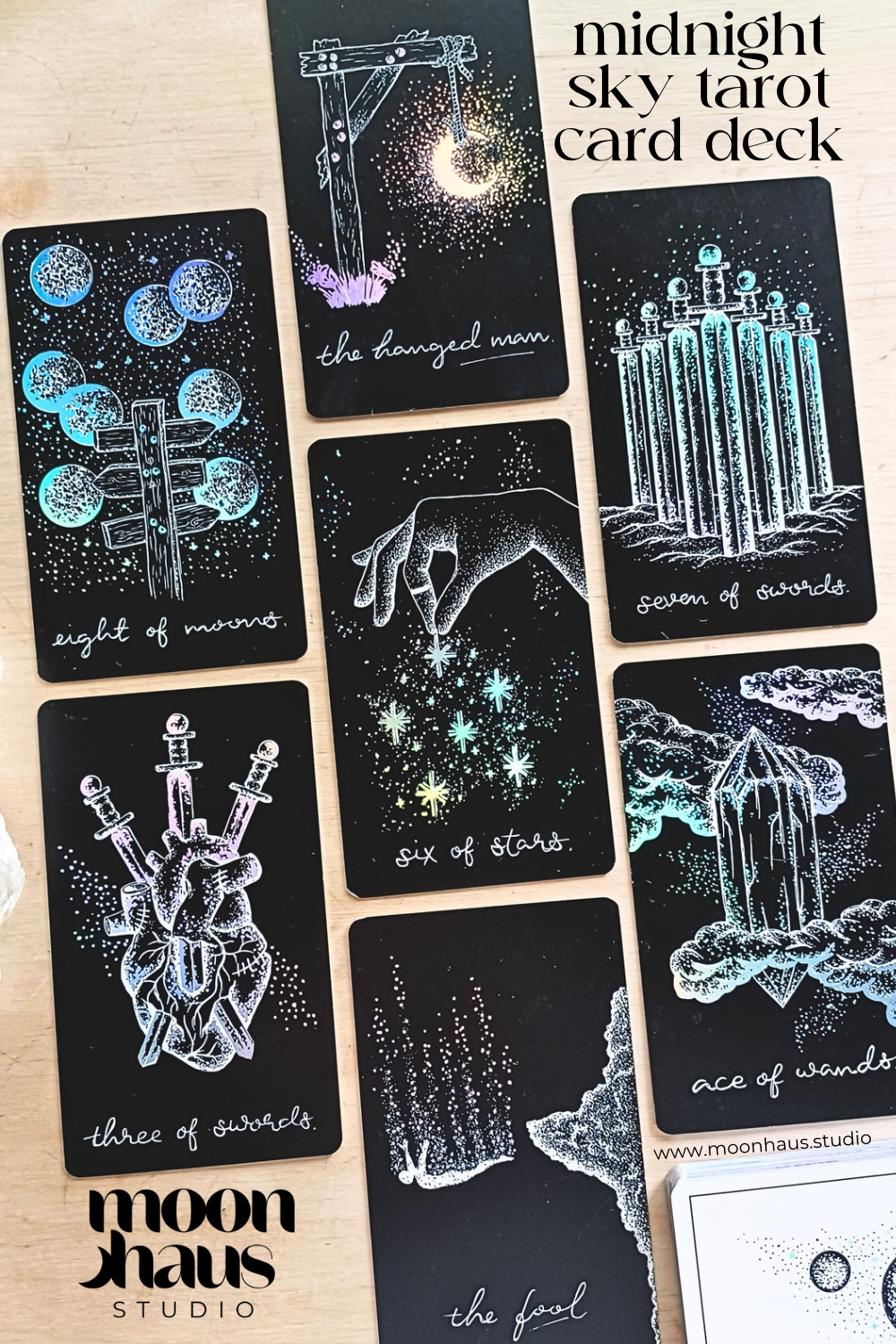 tarot cards deck, aesthetic: black tarot card art with holographic details & guidebook, indie tarot deck Midnight Sky Special Edition