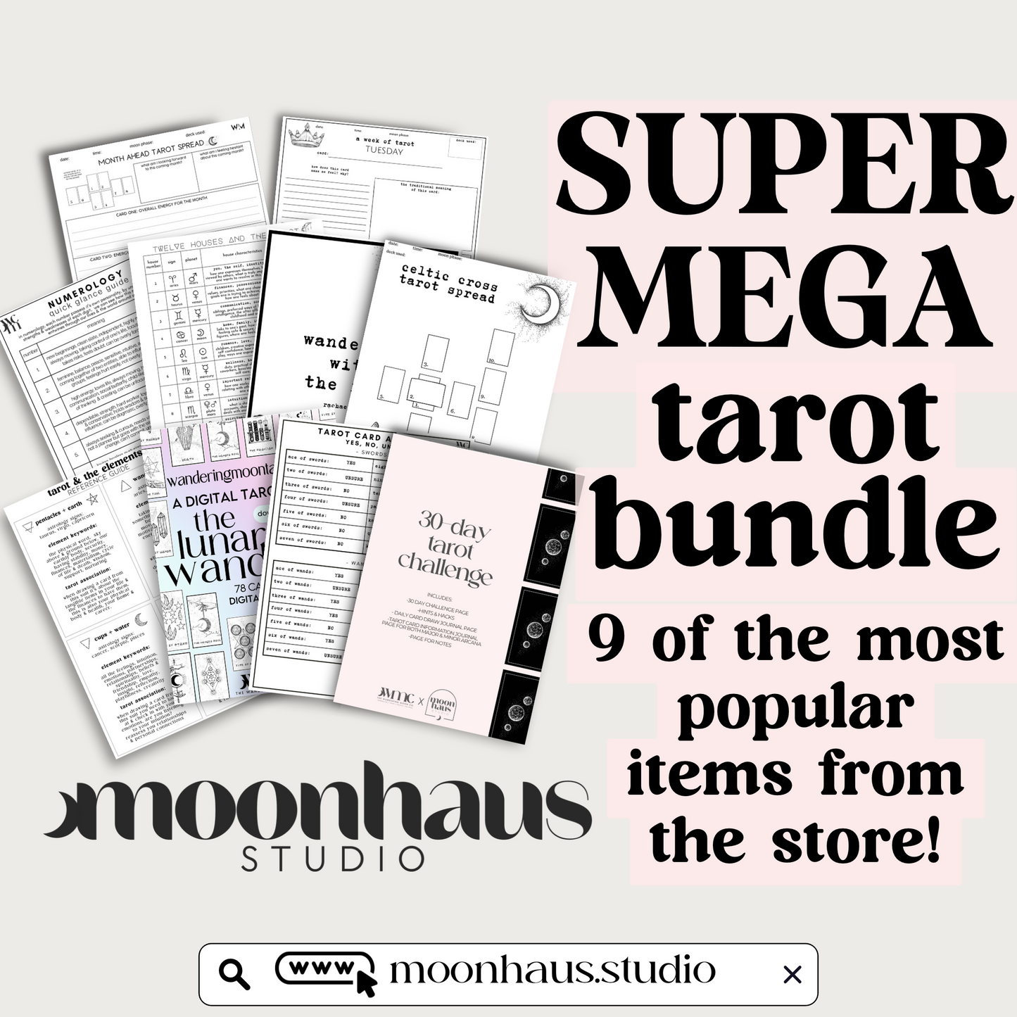 mega tarot bundle set - tarot cheat sheets, tarot readings, workbooks, journals, tarot spreads, digital tarot decks