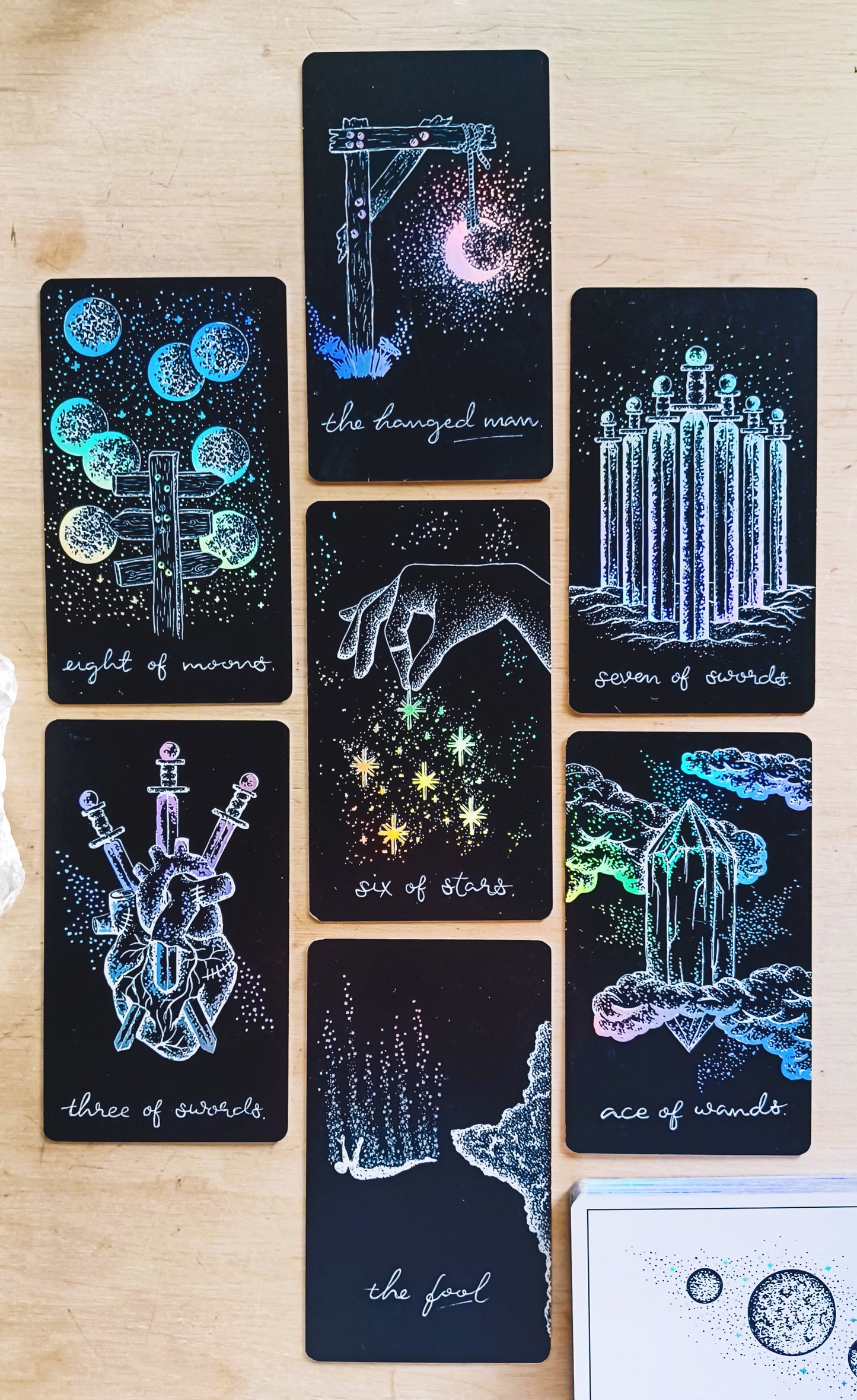 tarot cards deck, aesthetic: black tarot card art with holographic details & guidebook, indie tarot deck Midnight Sky Special Edition