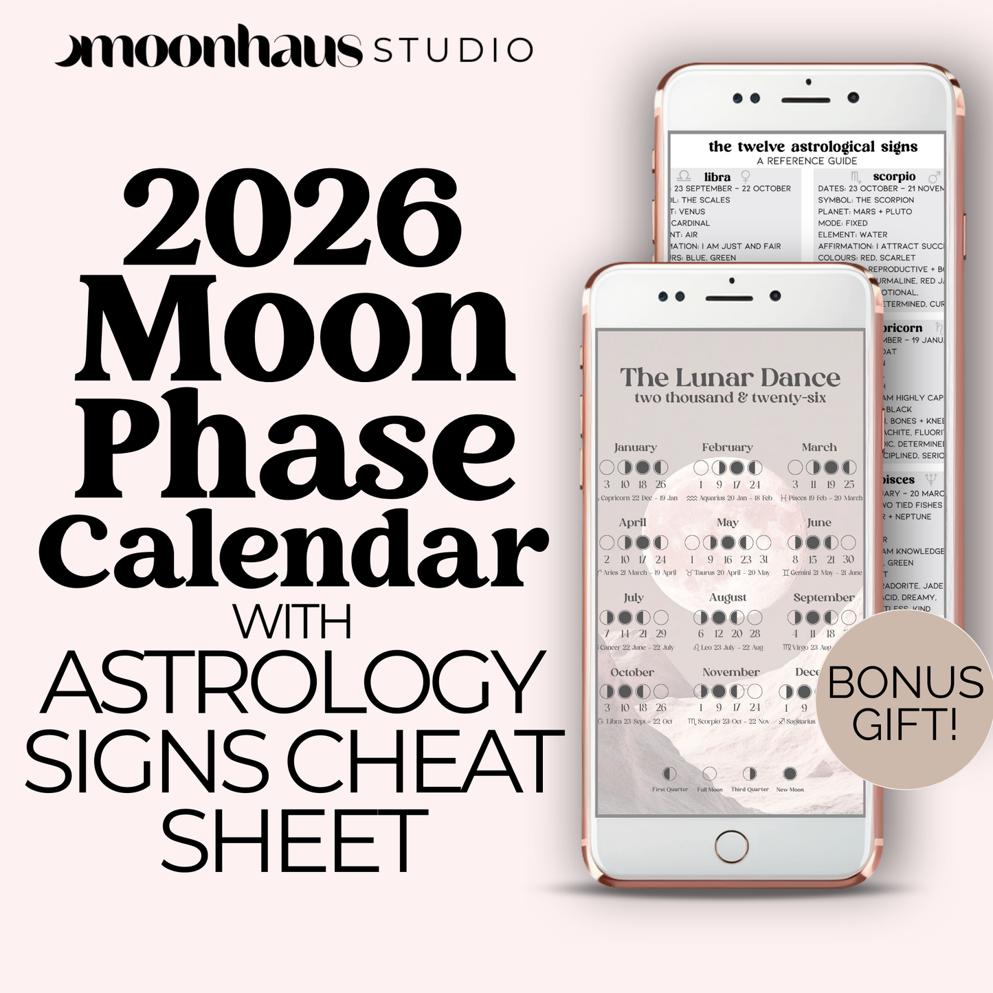 2026 Moon Phase Calendar Printable | Lunar Planner PDF | Witchy Astrology Celestial Decor Wall Art | Digital Journal Insert