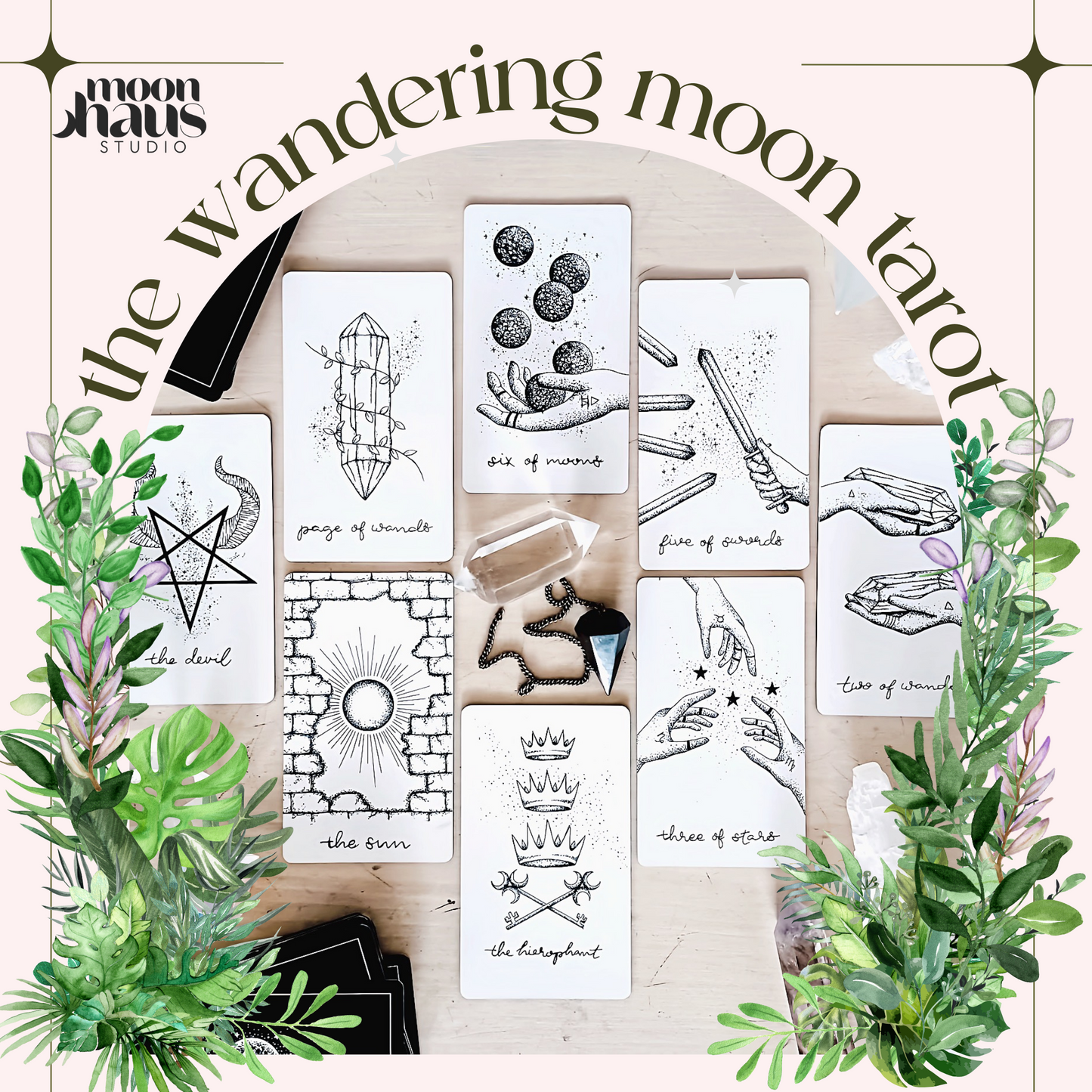 the wandering moon tarot deck - holographic, hand illustrated cards - indie tarot deck with guidebook - beginner tarot deck
