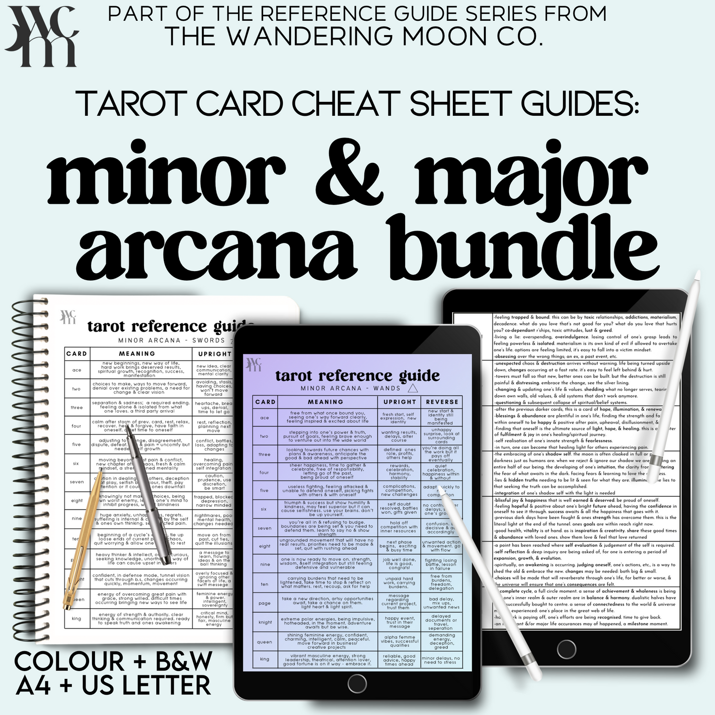 tarot card cheat sheet set: minor and major arcana | eight pages | A4 and US Letter | colour and b&w