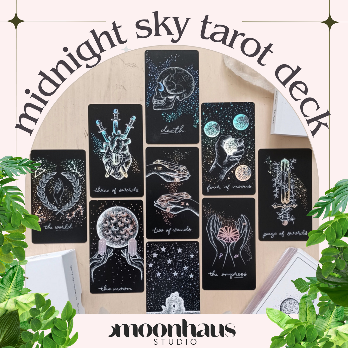 tarot cards deck, aesthetic: black tarot card art with holographic details & guidebook, indie tarot deck Midnight Sky Special Edition