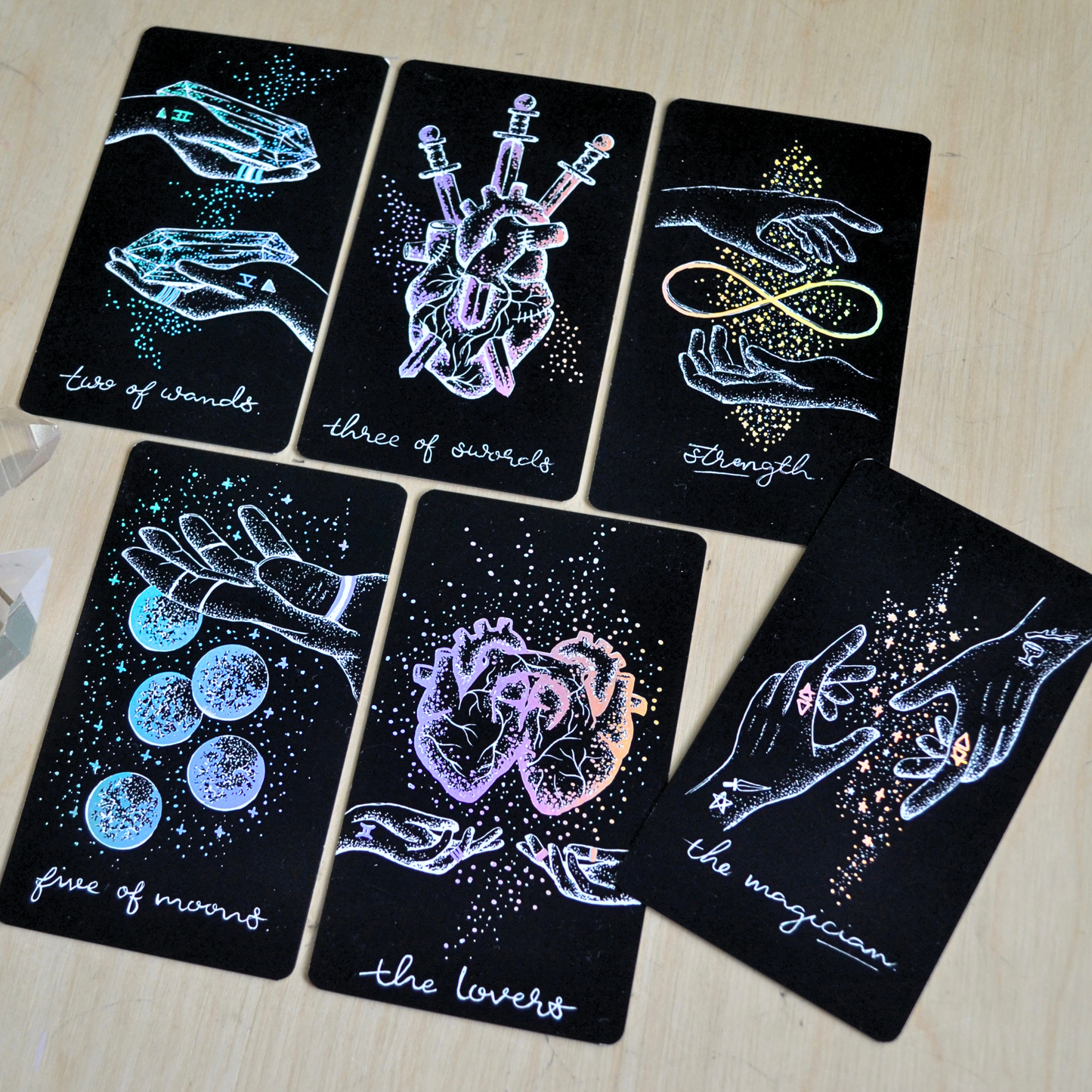 tarot cards deck, aesthetic: black tarot card art with holographic details & guidebook, indie tarot deck Midnight Sky Special Edition