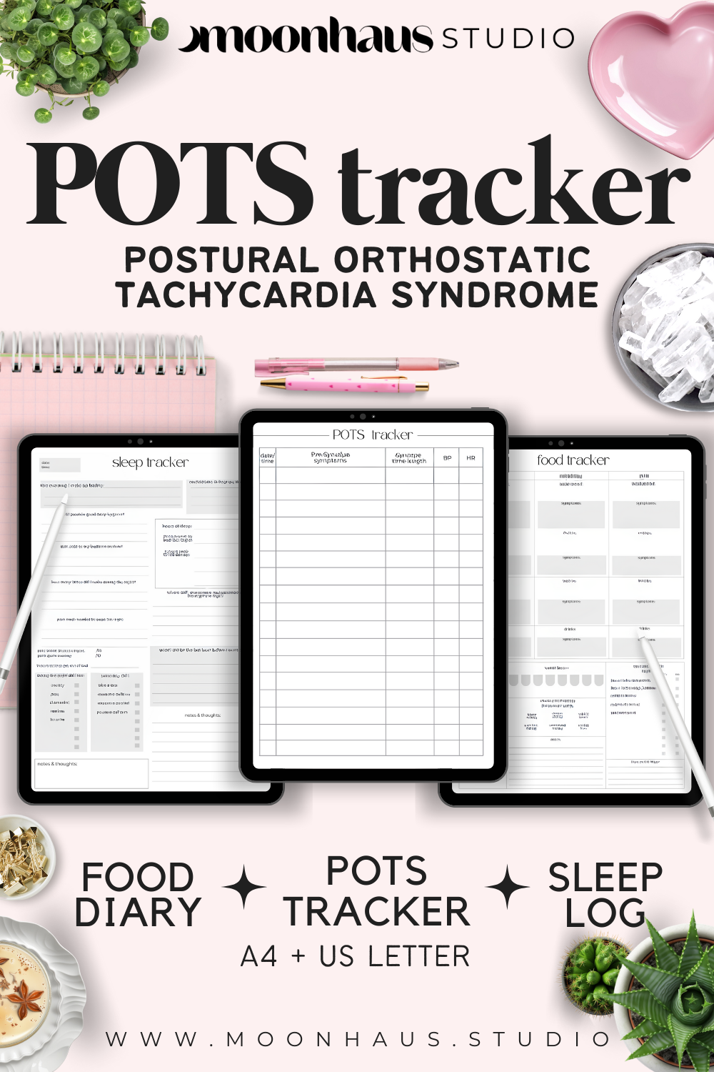 POTS symptom tracker with food tracker & sleep log | chronic pain and illness | hypotension BP HR | disability, medical tracker