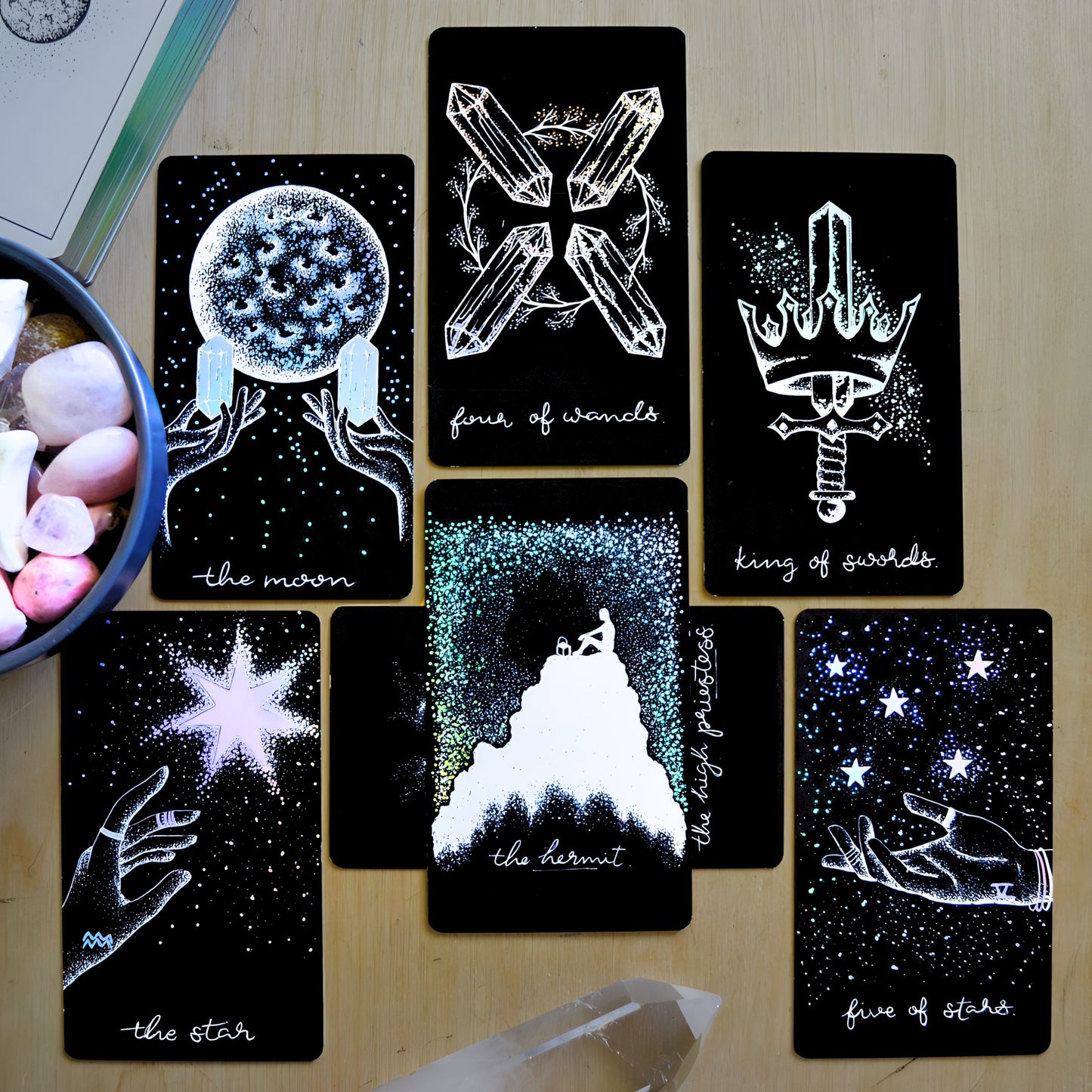 tarot cards deck, aesthetic: black tarot card art with holographic details & guidebook, indie tarot deck Midnight Sky Special Edition