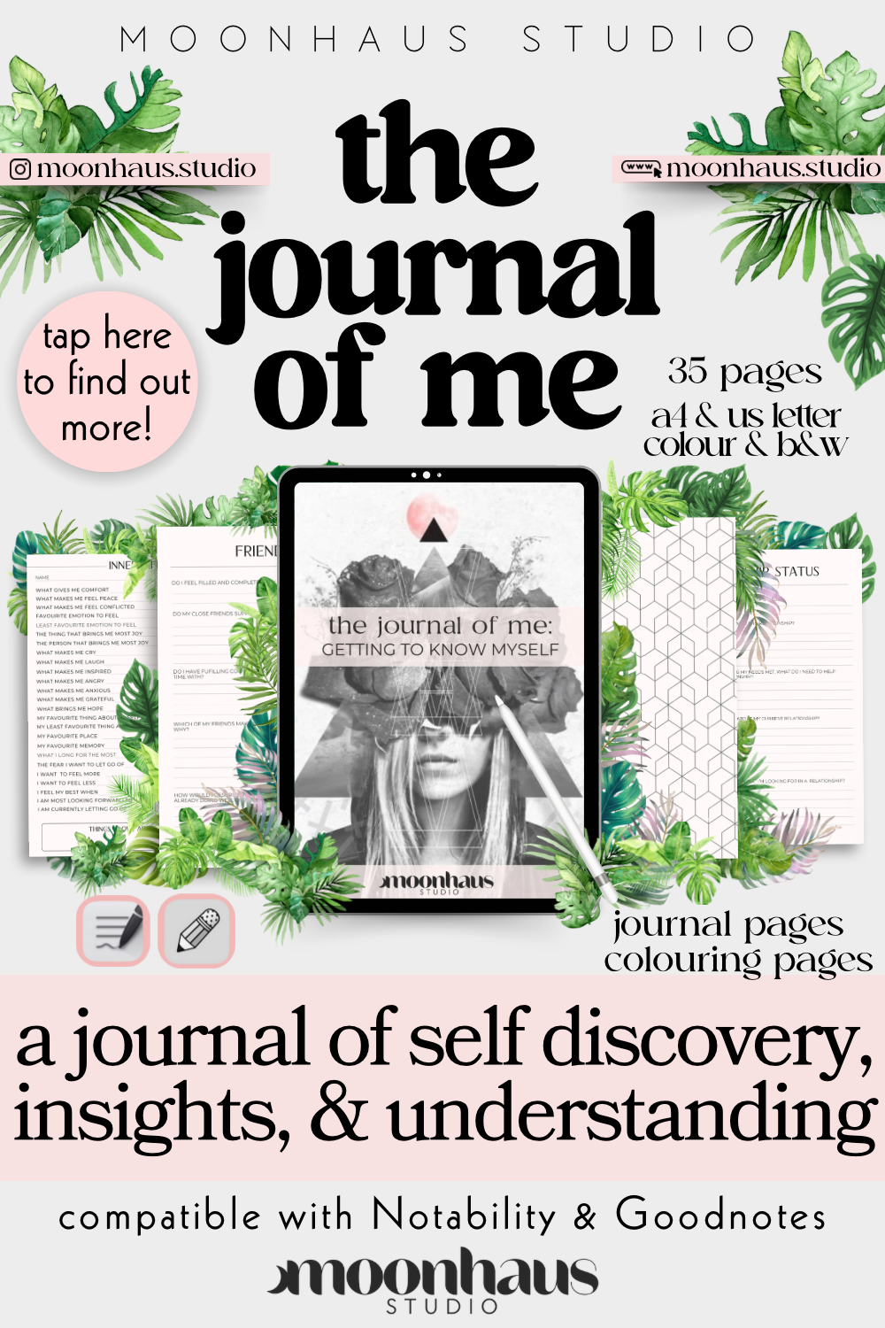 the journal of me: insight, self-discovery, self-understanding aesthetic journal & colouring pages, 35 pages