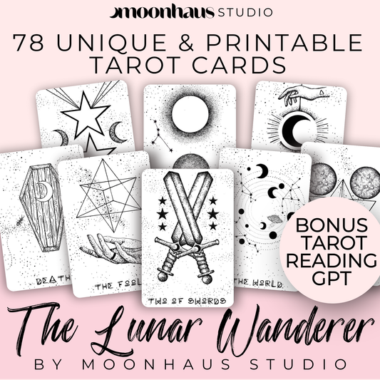 Printable & Digital Tarot Card Deck: The Lunar Wanderer, Indie, Hand Drawn Tarot Art