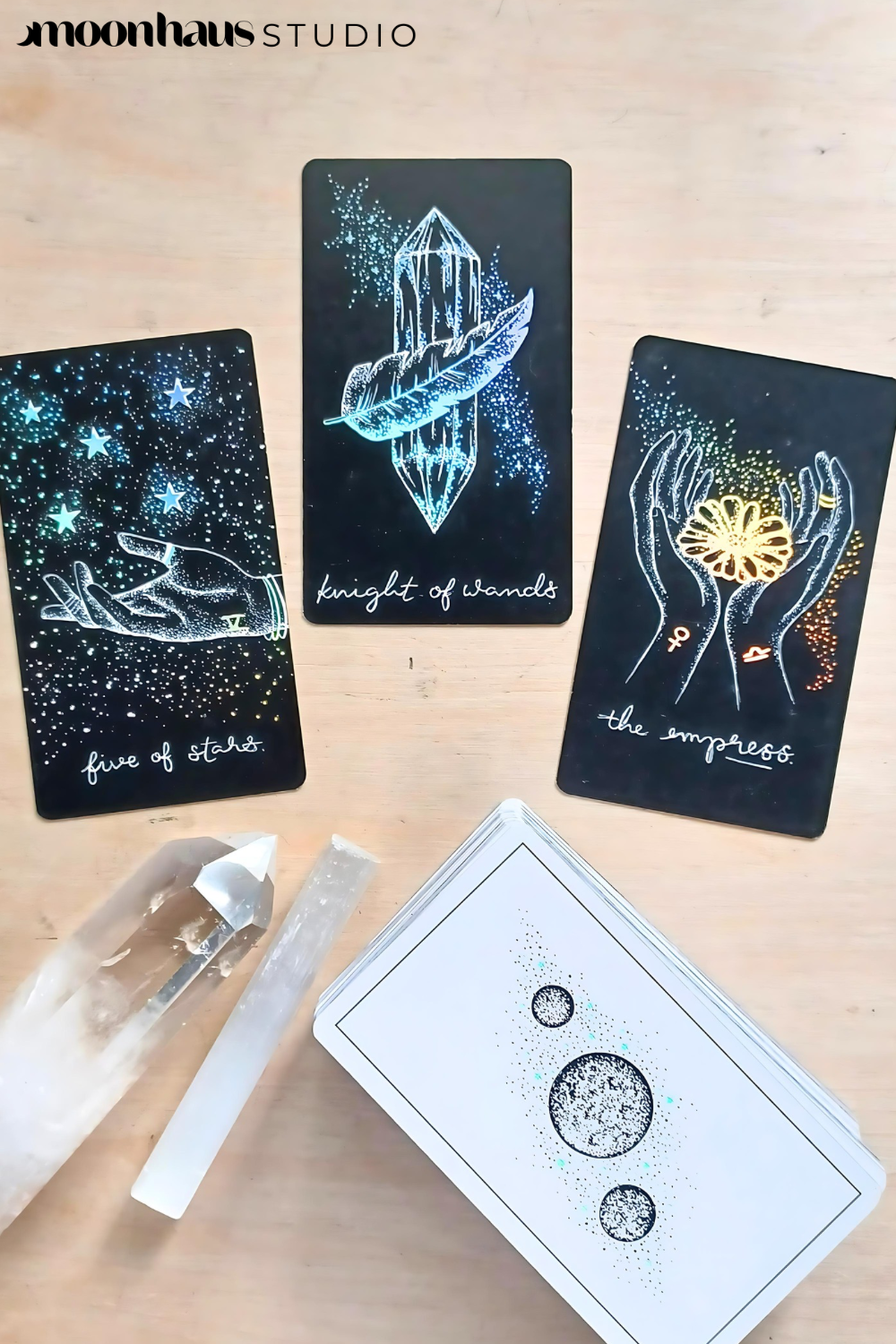 tarot cards deck, aesthetic: black tarot card art with holographic details & guidebook, indie tarot deck Midnight Sky Special Edition