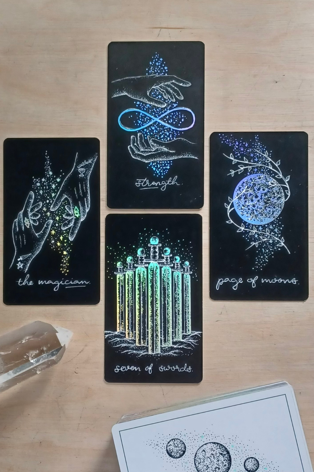 tarot cards deck, aesthetic: black tarot card art with holographic details & guidebook, indie tarot deck Midnight Sky Special Edition