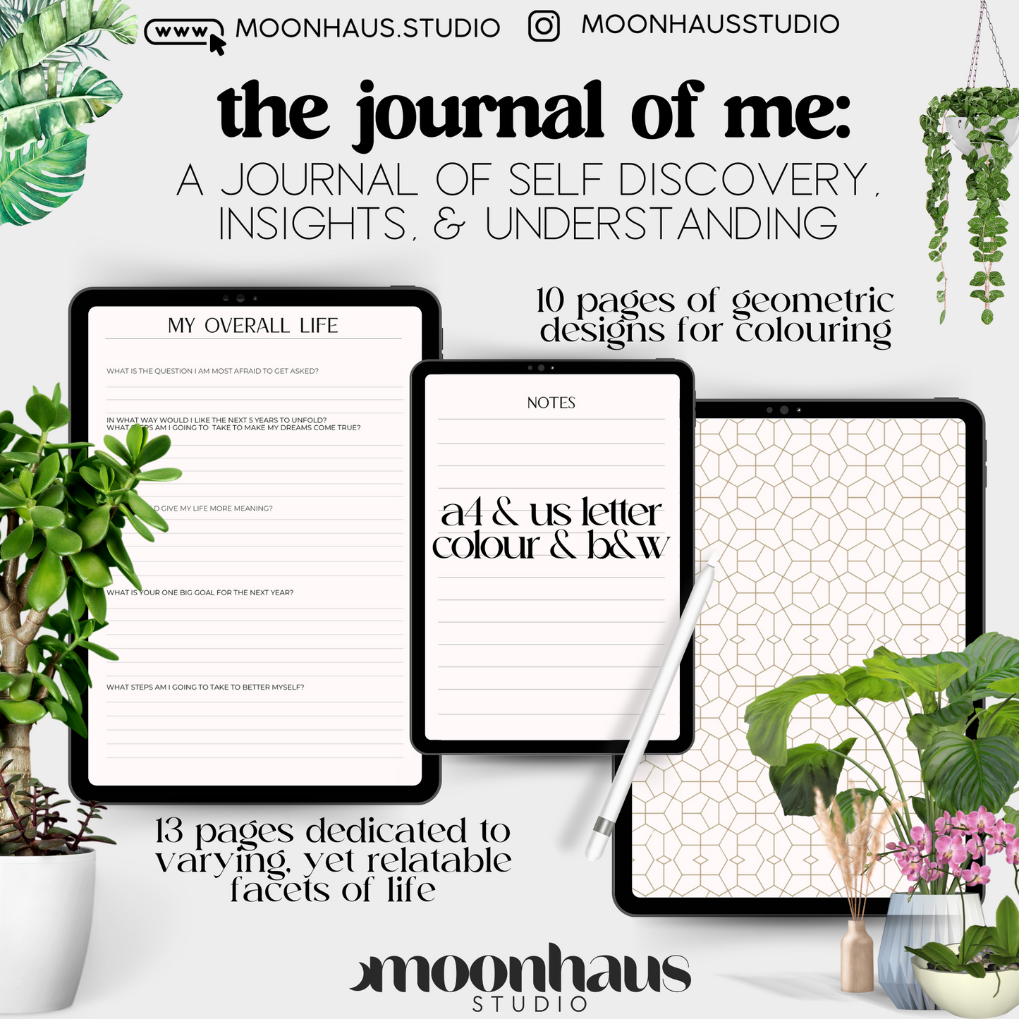the journal of me: insight, self-discovery, self-understanding aesthetic journal & colouring pages, 35 pages