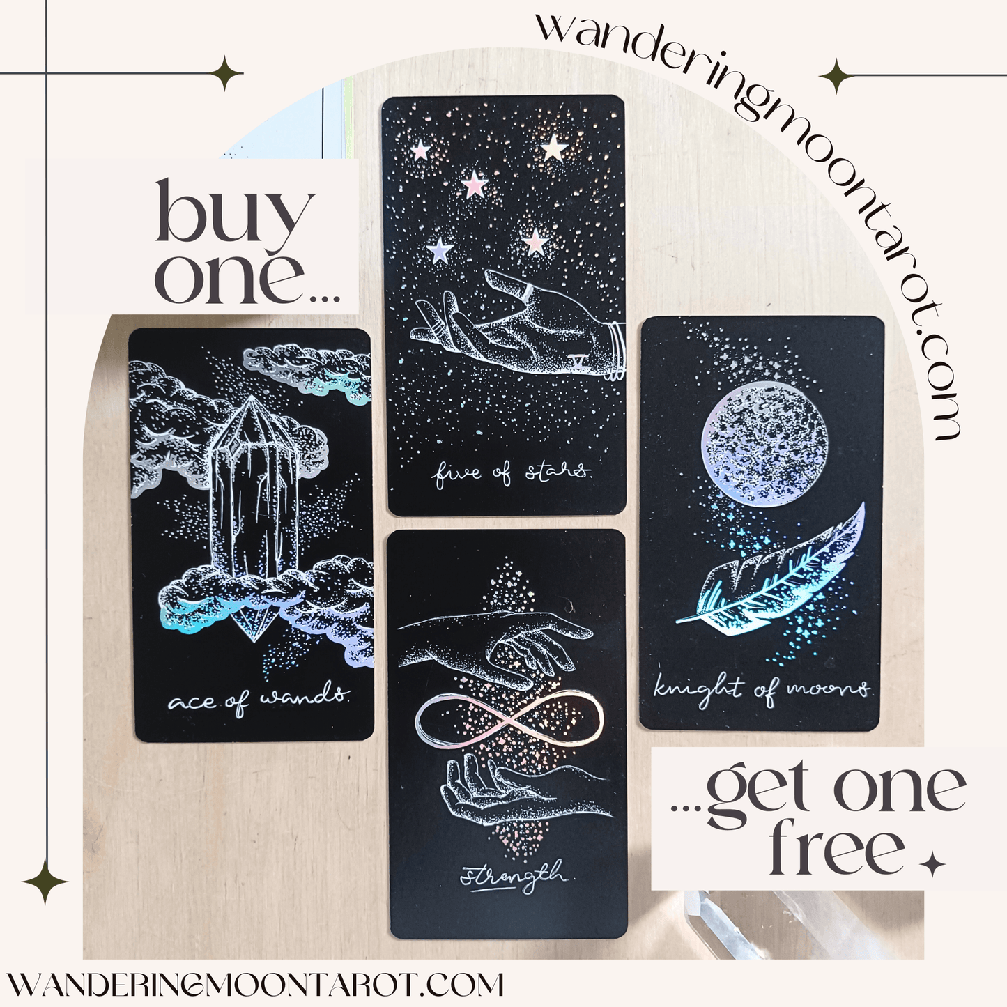 buy one, get one free! midnight sky indie tarot deck, aesthetic holographic black tarot cards - The Wandering Moon Co.